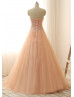 Peach Tulle Beads Sweetheart Neckline Long Prom Dress